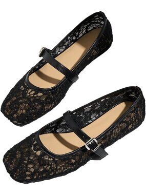 Women's Lace Mesh Ballet Flats Shoes Black Square Closed Toe Shoes Summer Flats